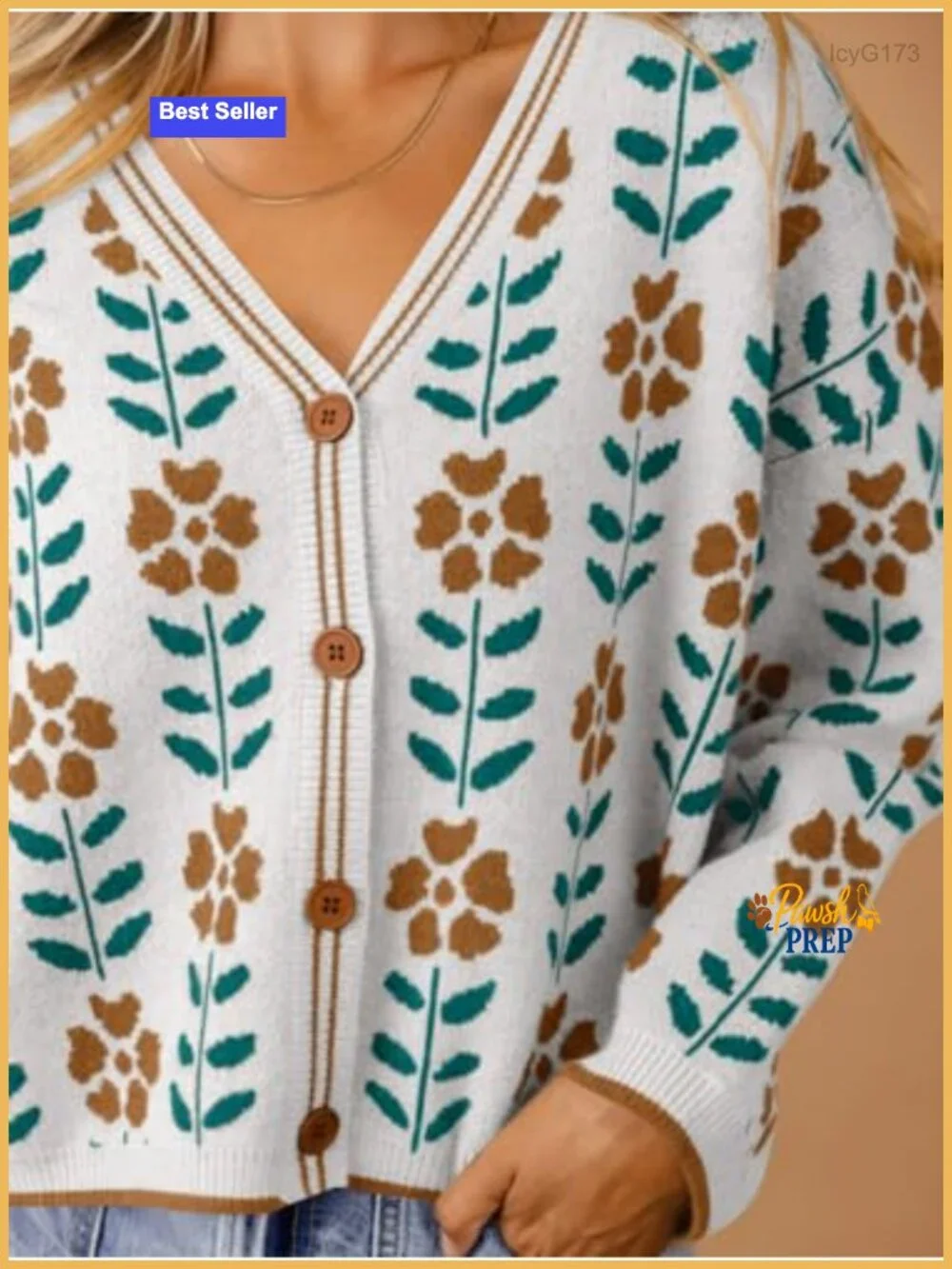 Women's Floral Print V-Neck Cardigan Open Front Knit Sweater Long Sleeve Loose